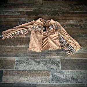 Mystery Jane faux suede Western style jacket with fringe and beads tan S